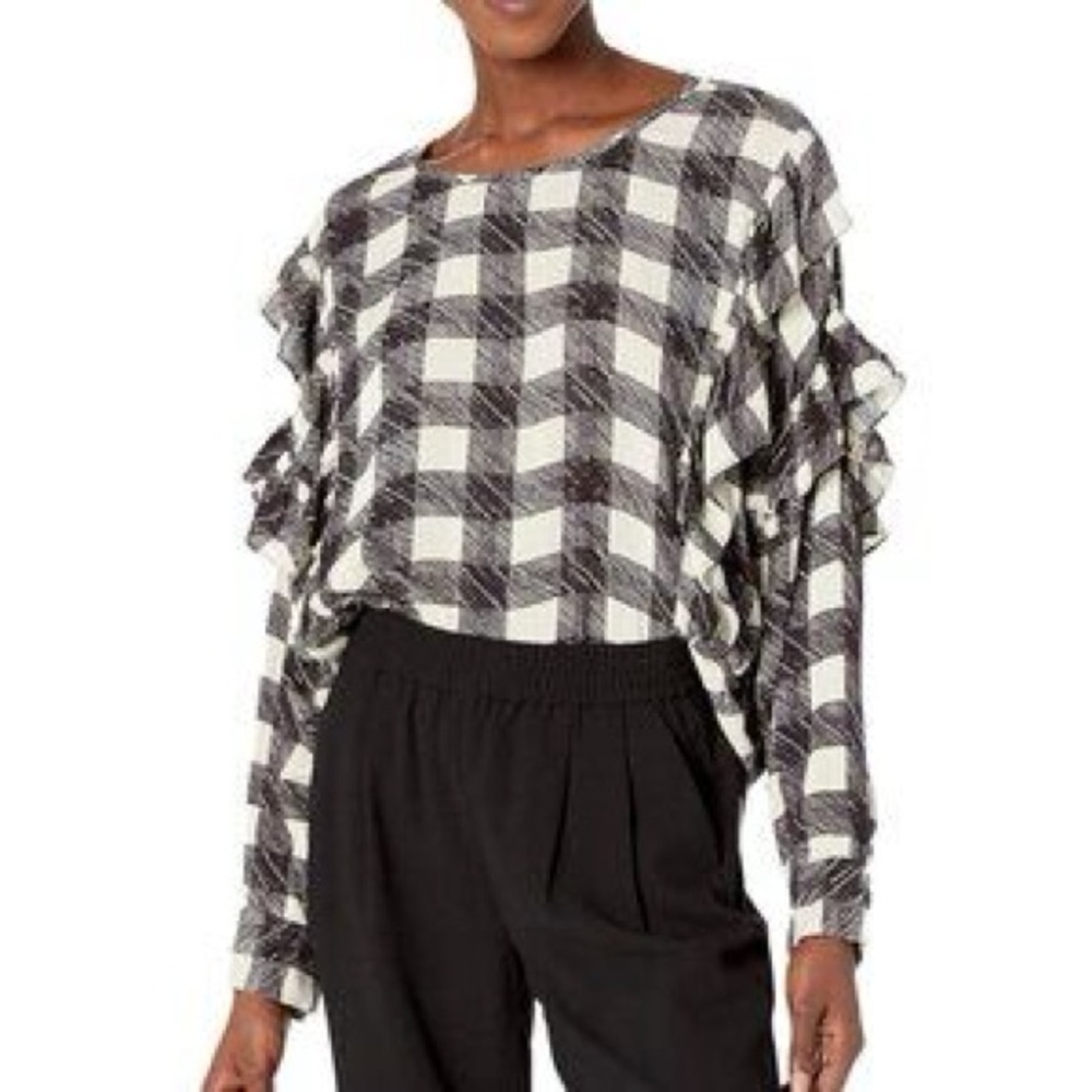 AG Women's Black and White Checkered Ruffle Top NWOT
